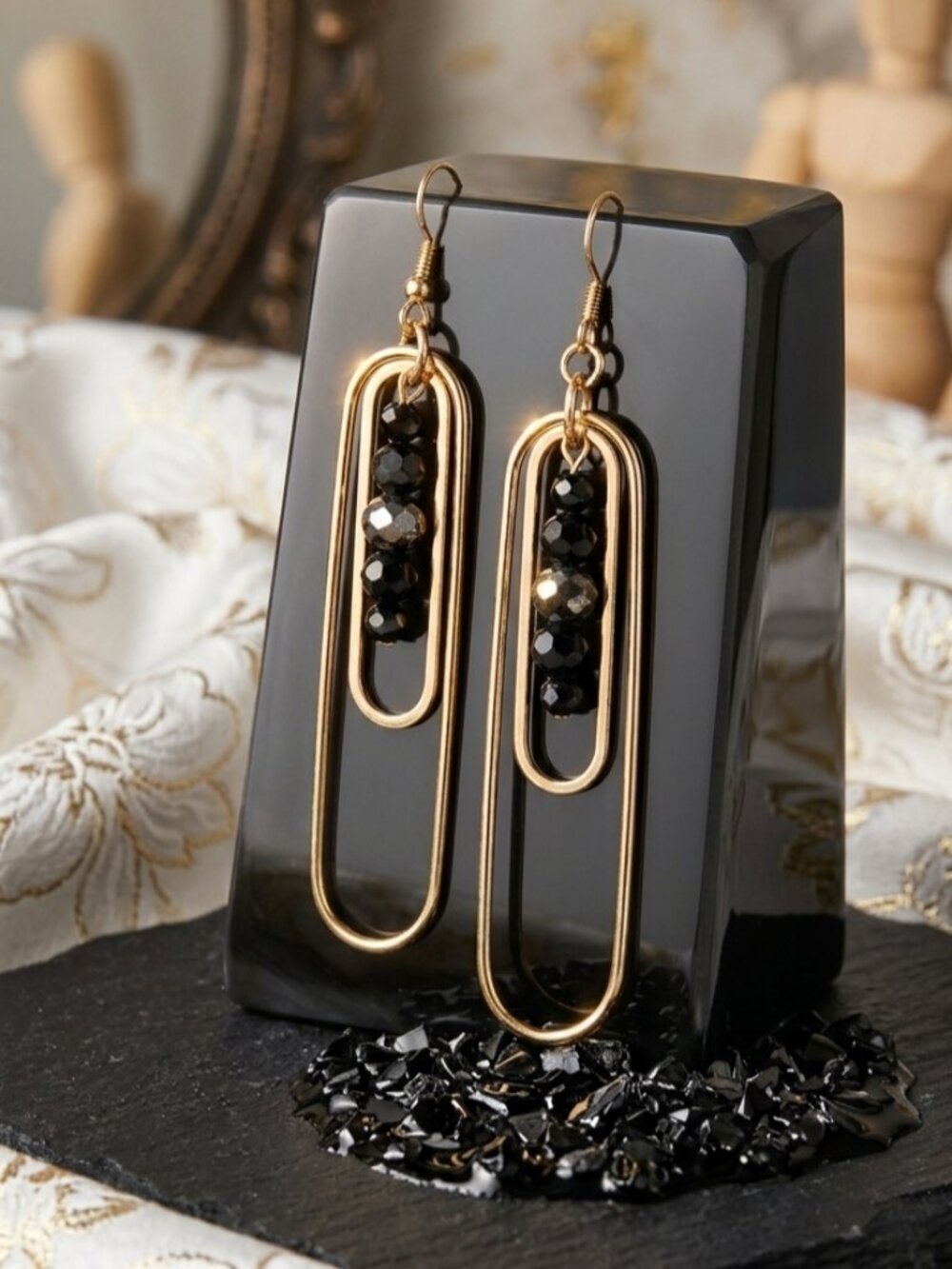 Bold Minimalism: Gold-Tone Geometric Paperclip Earrings with Midnight Onyx Beads